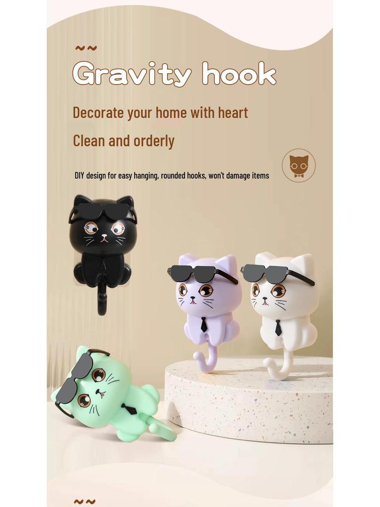 Rotating Black Cat Adhesive Wall Hook for Coats, Keys, and Hats - No-Drill Installation