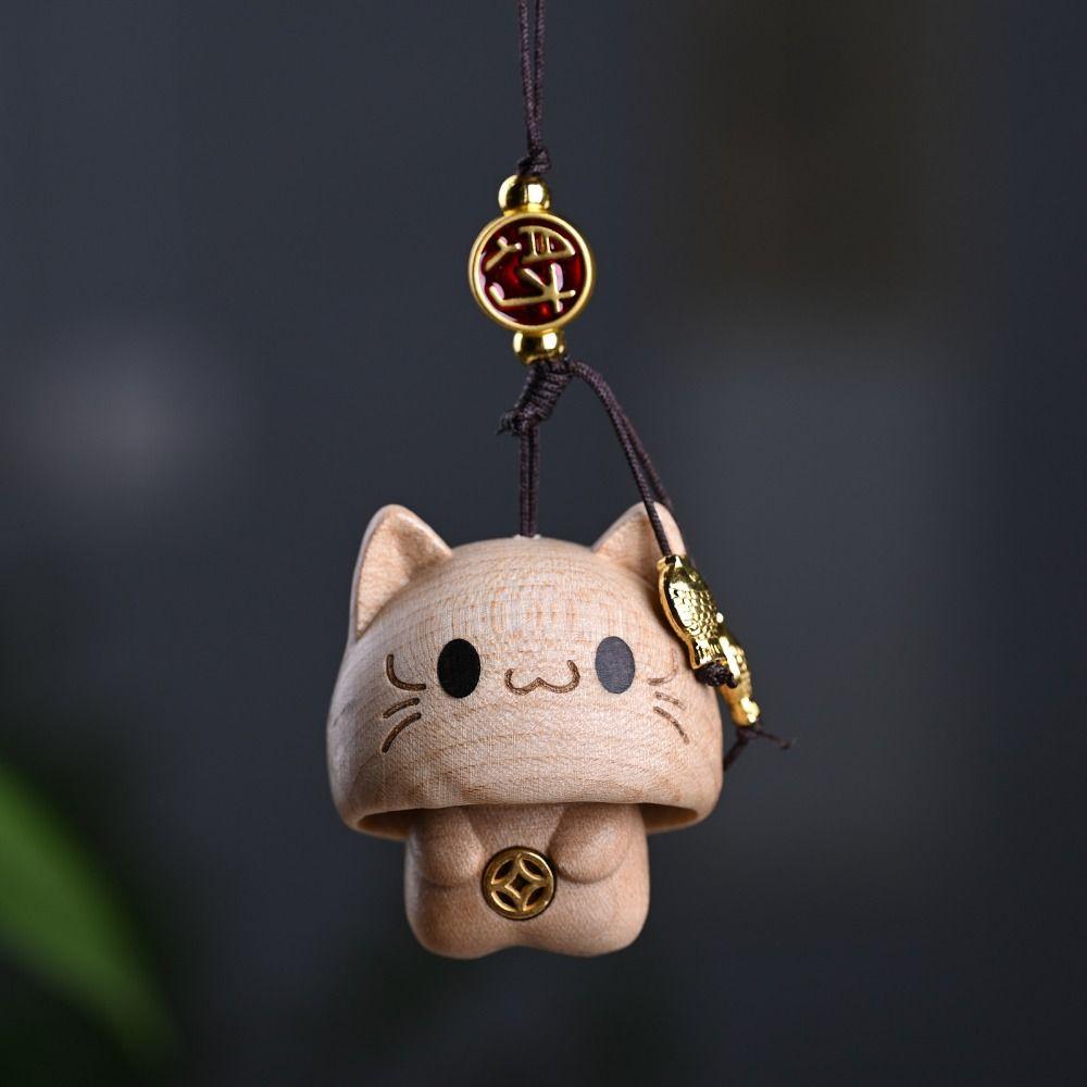 Hand-carved Wood Carving Pendant Cute Car Hanging Ornament Wooden Cat Phone Chain  Phone Accessory