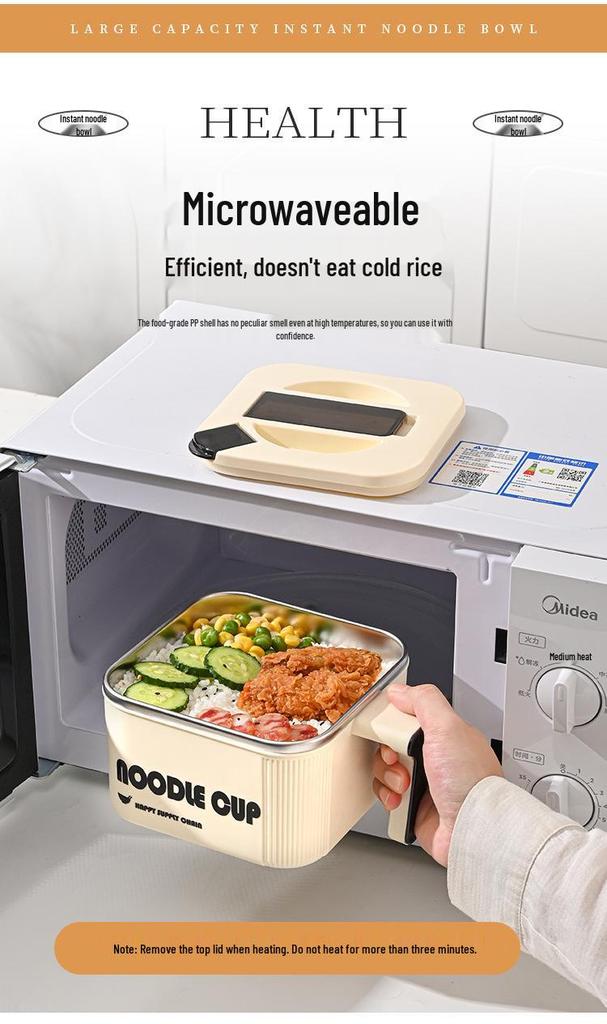 Large Capacity 304 Stainless Steel Instant Noodle Bowl with Lid and Spoon Set for Dorm Use