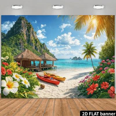 2D Tropical Beach Backdrop Island Mountain Photography Background