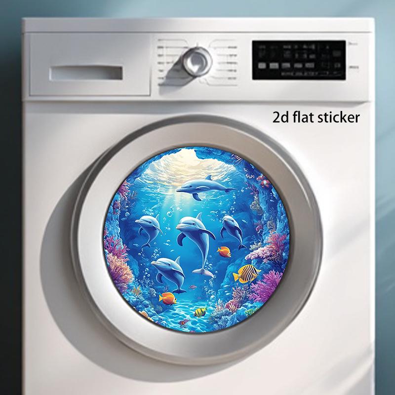 Underwater Dolphin Waves Round Sticker - Removable PVC Laundry/Balcony Decor