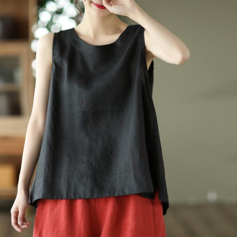 Summer Cotton Linen Artistic Loose Sleeveless Vest Top for Women Blouses & Shirts