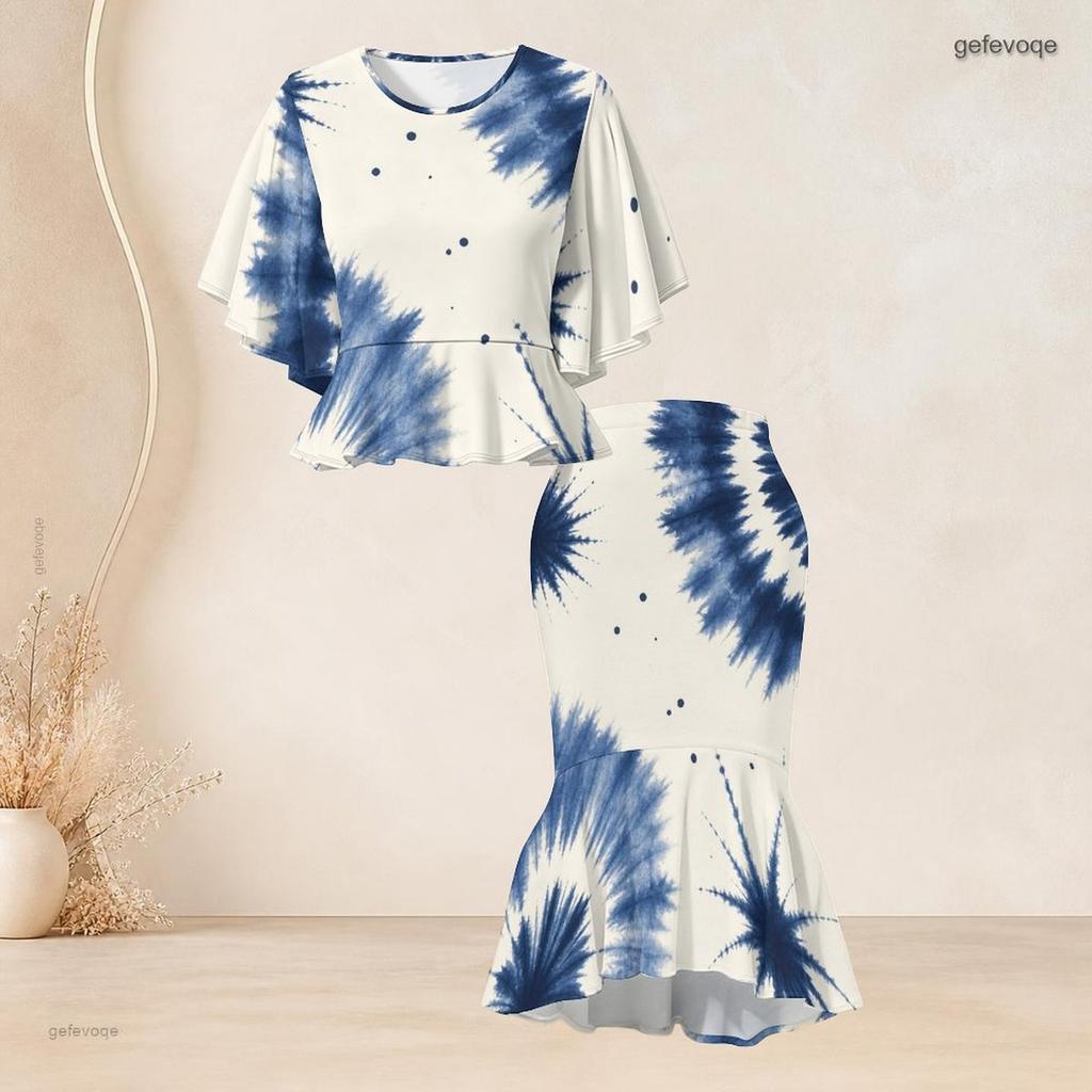 Women Plus Size Off White Blue Beige Printed Round Neck Batwing Sleeve Ruffle Hem Top Fishtail Skirt Two Piece Set