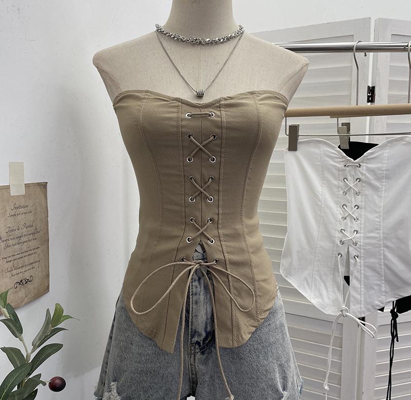 

American Hot Girl Bandeau Top with Anti-Slip Strips, Lace-Up Bow, and Sleeveless Design - Style 8150 One Size хакі