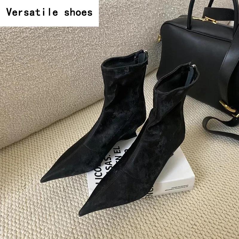 Zimní dámské strečové moderní boty módní špičaté kotníkové boty dámské elegantní nízké podpatky boty pro ženy