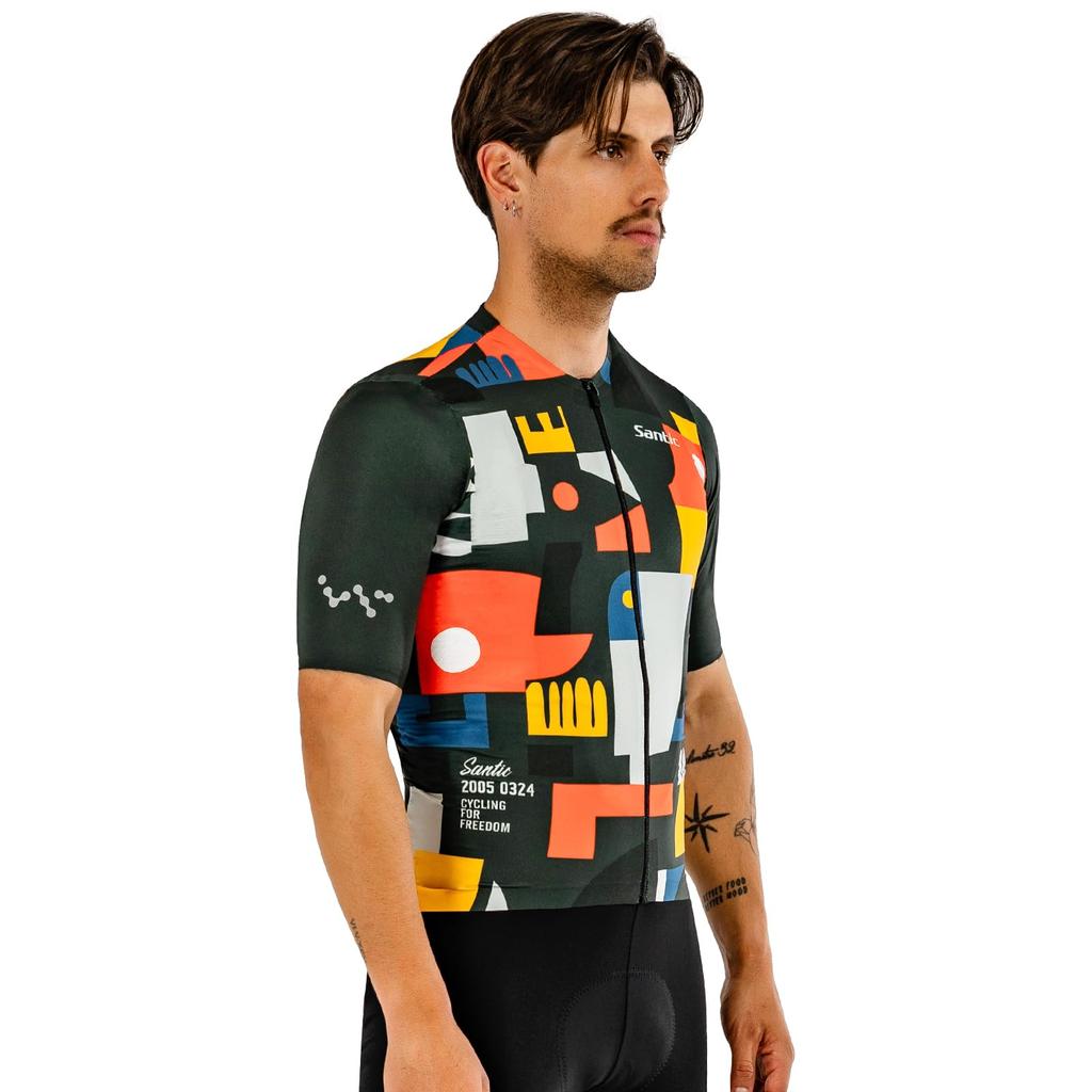 Santic Men's Short Sleeve Cycling Jersey, Summer Cycling Wear, Lightweight, Pocket-Length, Moisture-Wicking, Quick-Drying, Green, Size L