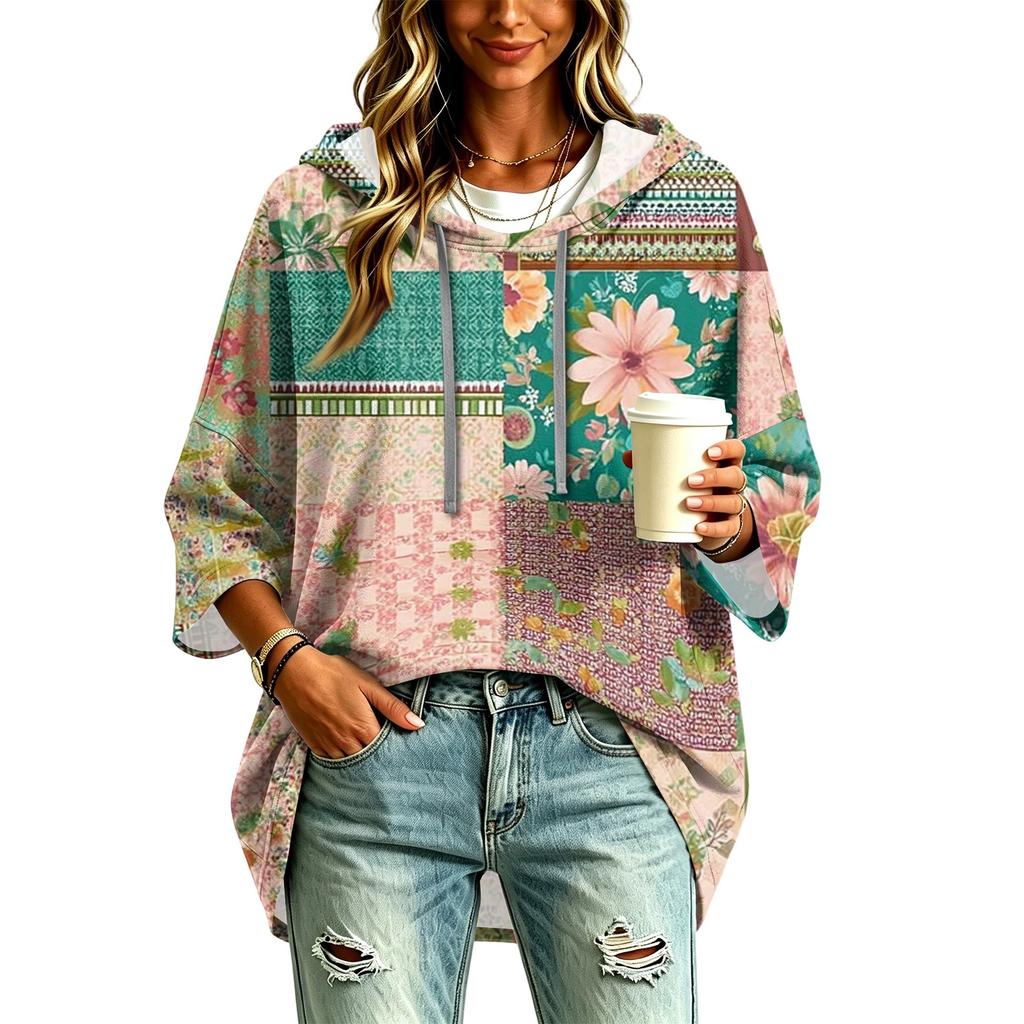 Women's Fashion Hooded Pullover Top with Three-Quarter Sleeves and Patchwork Print