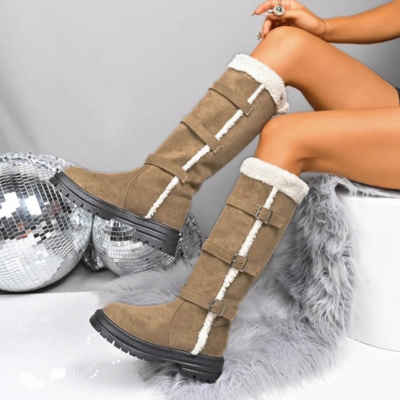 Women's Winter Keep Warm Snow Boots Fashion Suede Velvet Belt Buckle Platform Women's Plush Cotton Boots Tall Boots Botas Mujer