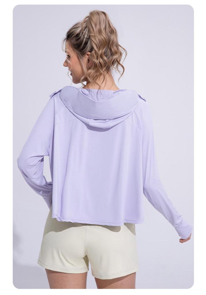Women's Hooded Ice Silk UV Protection Jacket with Black Brim - Loose Fit for Outdoor Sports