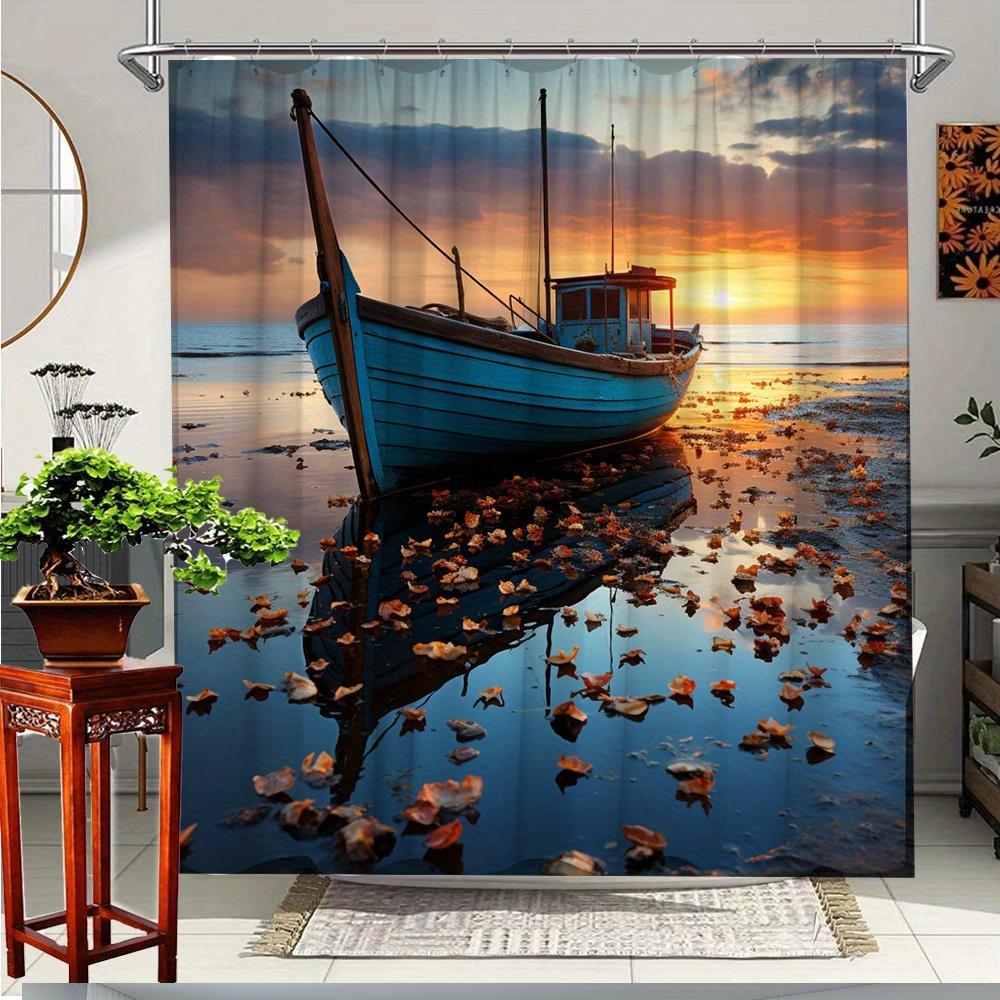 1pc Dreamy Sunset Boat Shower Curtain - Vibrant Autumn Leaves & Serene Lake Reflection Design, Durable Polyester Fabric, 90x180cm