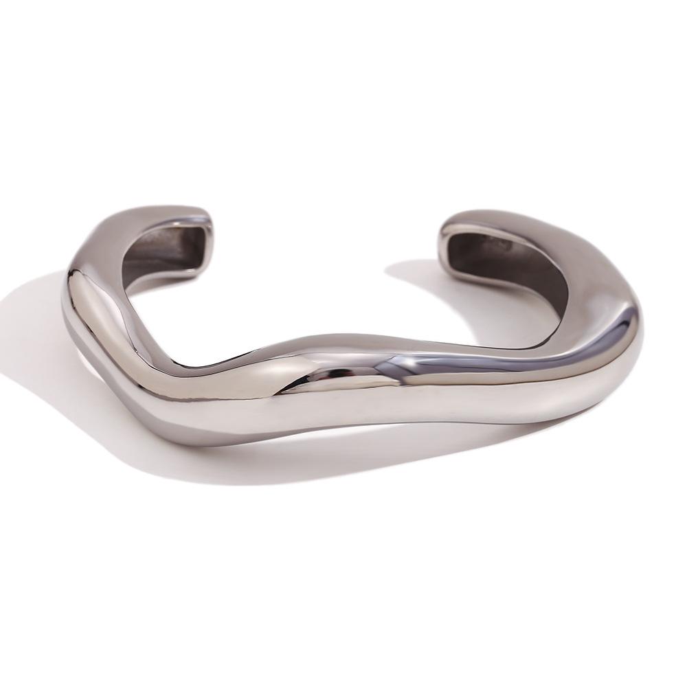 18K Gold-Plated Stainless Steel Wave Open Bangle for Women