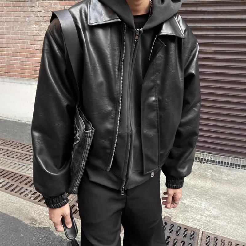 Mens Black Loose Turn Down Collar Motorcycle Leather Jacket Casual Outerwear