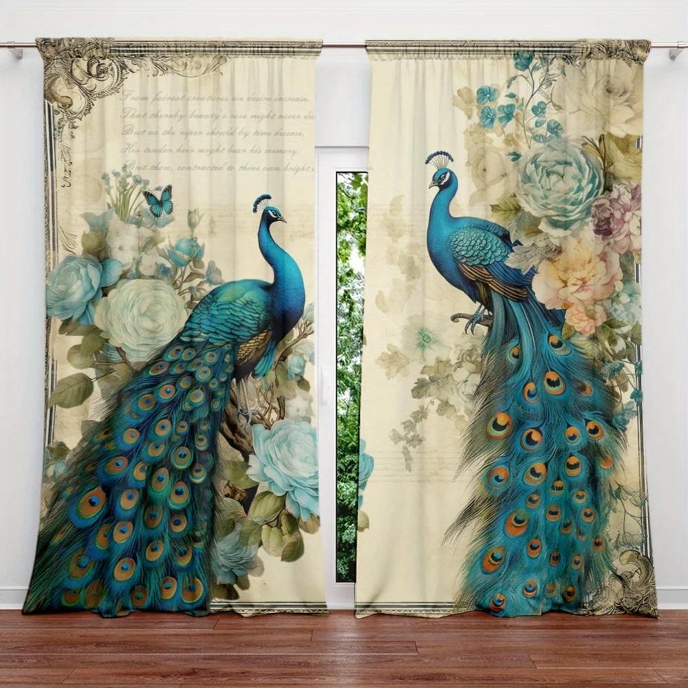 Set Of 2 Jit Floral Peacock Print Curtain Design Drapes Window Decor Home Curtains Made Polyester