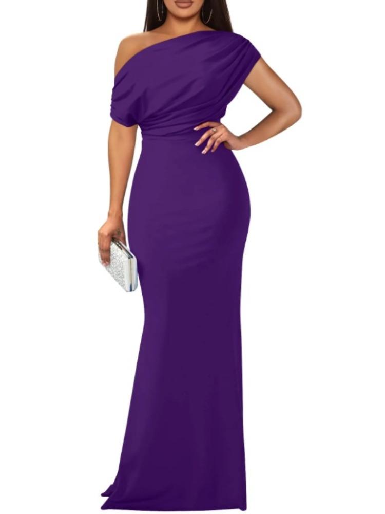 Dark Blue One Shoulder Fishtail Evening Gown with Short Sleeves