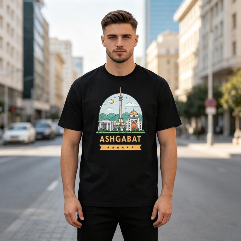 Ashgabat City Landscape Graphic T Shirt Travel Souvenir Badge Print Unisex Soft Cotton Crew Neck Short Sleeve Casual Top