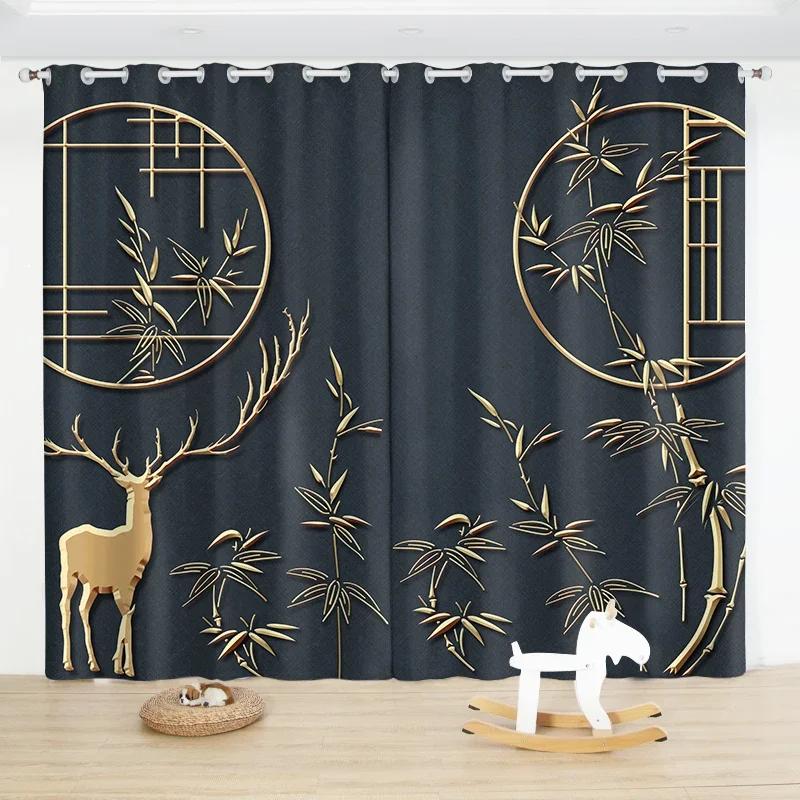 

3D Китайские чернила бамбуковые полузатемняющие занавески с люверсами для верхней спальни гостиной от пола до потолка 2 панели Dra (W50cmxH130cm)x2&Grommet Top