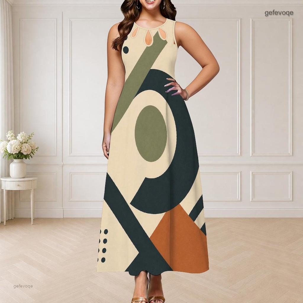 Women Plus Size Round Neck Triple Keyhole Cutout Sleeveless Navy Blue Printed Maxi Dress
