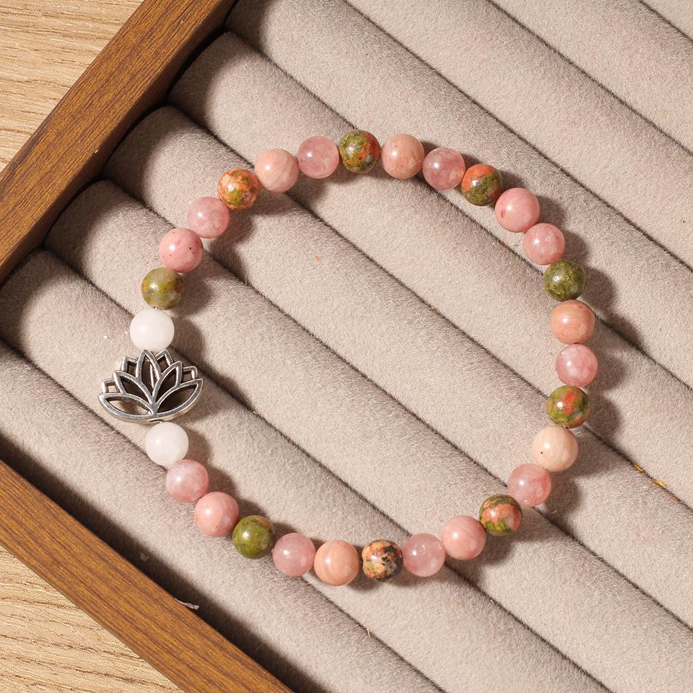 Rose Quartz Unakite And White Jade Beaded Bracelet With Silver Lotus Charm Serene Fashion Jewelry For Men Women Daily Wear Simple Versatile Accessory