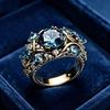 Goldfarbener Blattförmiger Ring mit eingelegten blauen synthetischen Zirkonia, geeignet für Damenbankette, Verlobungen, Schmuckzubehör, Geschenke