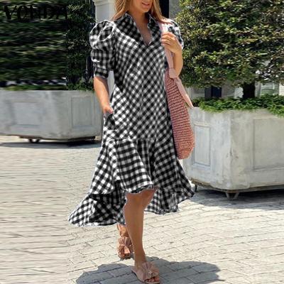 Vestidos femininos vintage com gola alta, manga curta, xadrez, bainha com babados