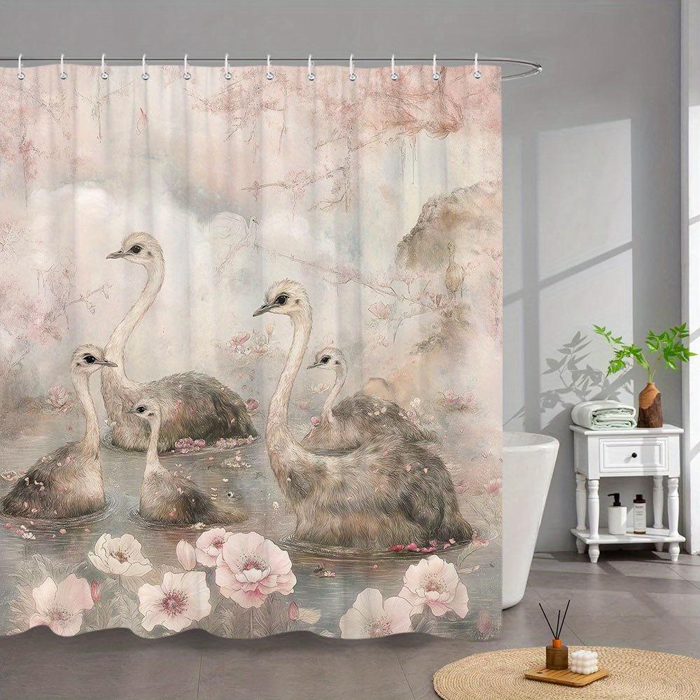 1Pc Watercolor Ostriches & Cherry Blossoms Shower Curtain - Serene Pastel Pond Design, Machine-Washable Polyester Bath Curtain