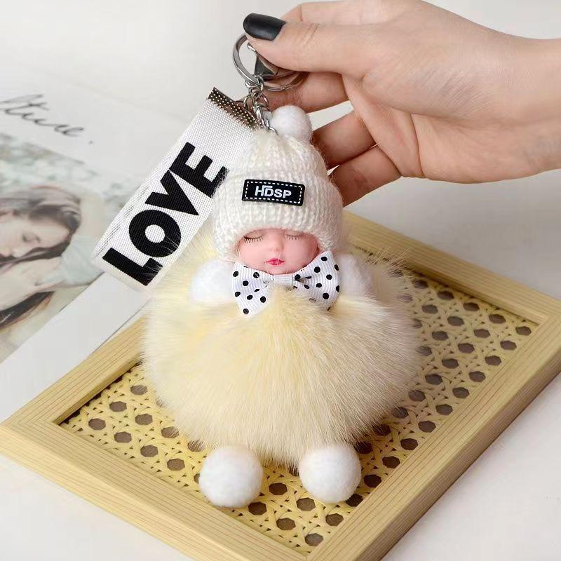Faux Fox Fur Sleep Doll Bag Charm With Handmade Craft For Car Keychain And Backpack Decor