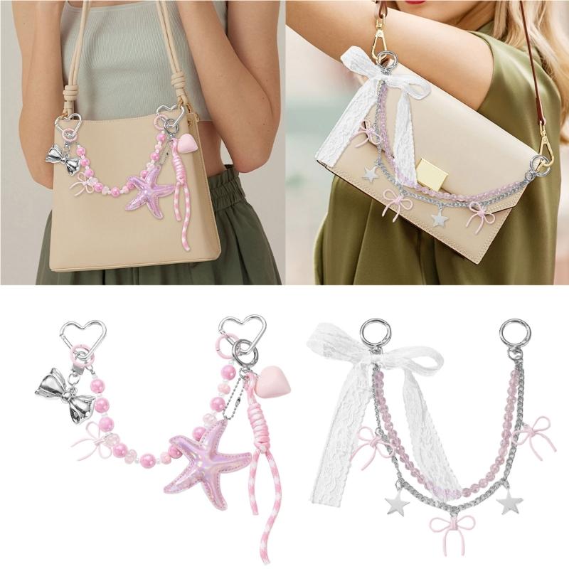 Stylish Beaded PU Leather Lace Bows Bag Charm Elegant Handbag Accessory Bags Keychain Holder For Women Girls