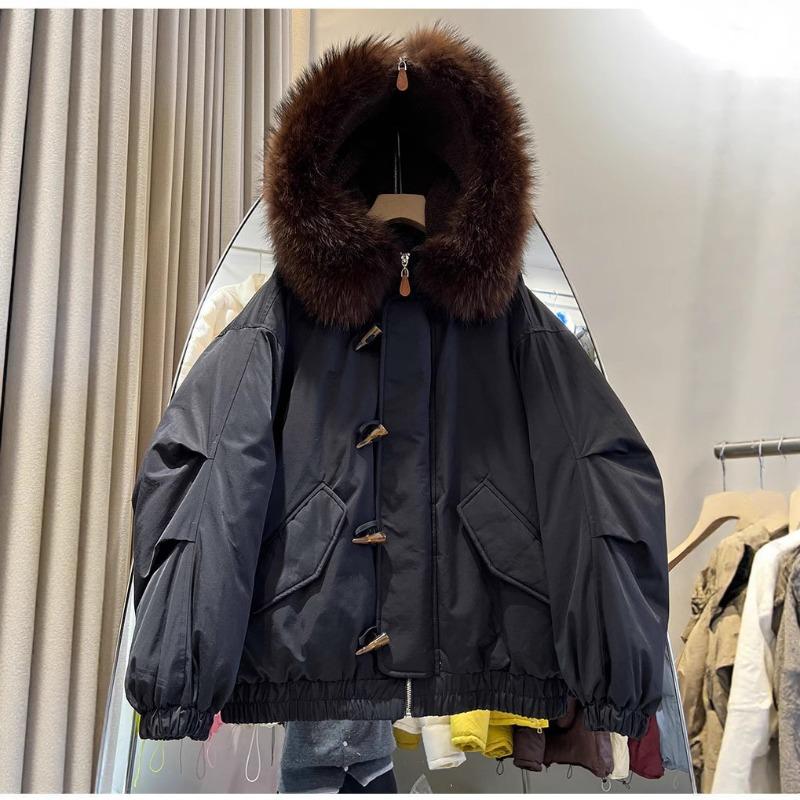 Corner buckle big fur collar hooded cotton jacket women's short small thickened tooling pie overcome