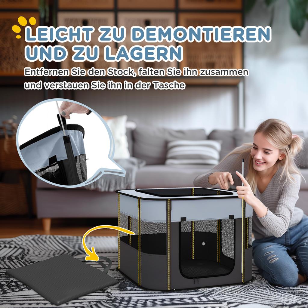 Foldable Dog Pen with Storage Bag for Indoor/Outdoor Use, Portable Pet Playpen, with Ground Stakes - Grey