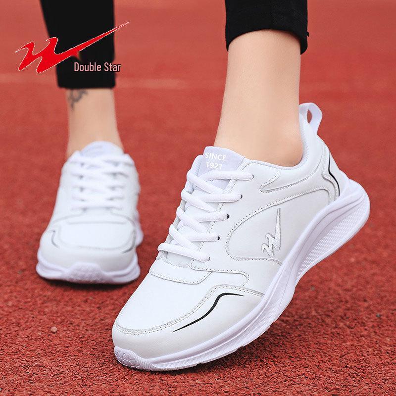 Double Star Women's Waterproof Leather Sneakers - Versatile Casual Lightweight Shoes for Spring and Autumn.