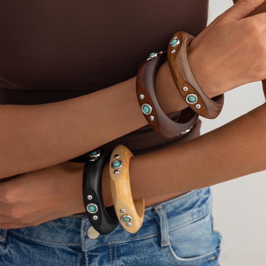 Salircon Punk Retro Irregular Wood Bangles for Women Hyperbole Geometric Inlaid Imitation Turquoise Bracelets Steampunk Jewelry
