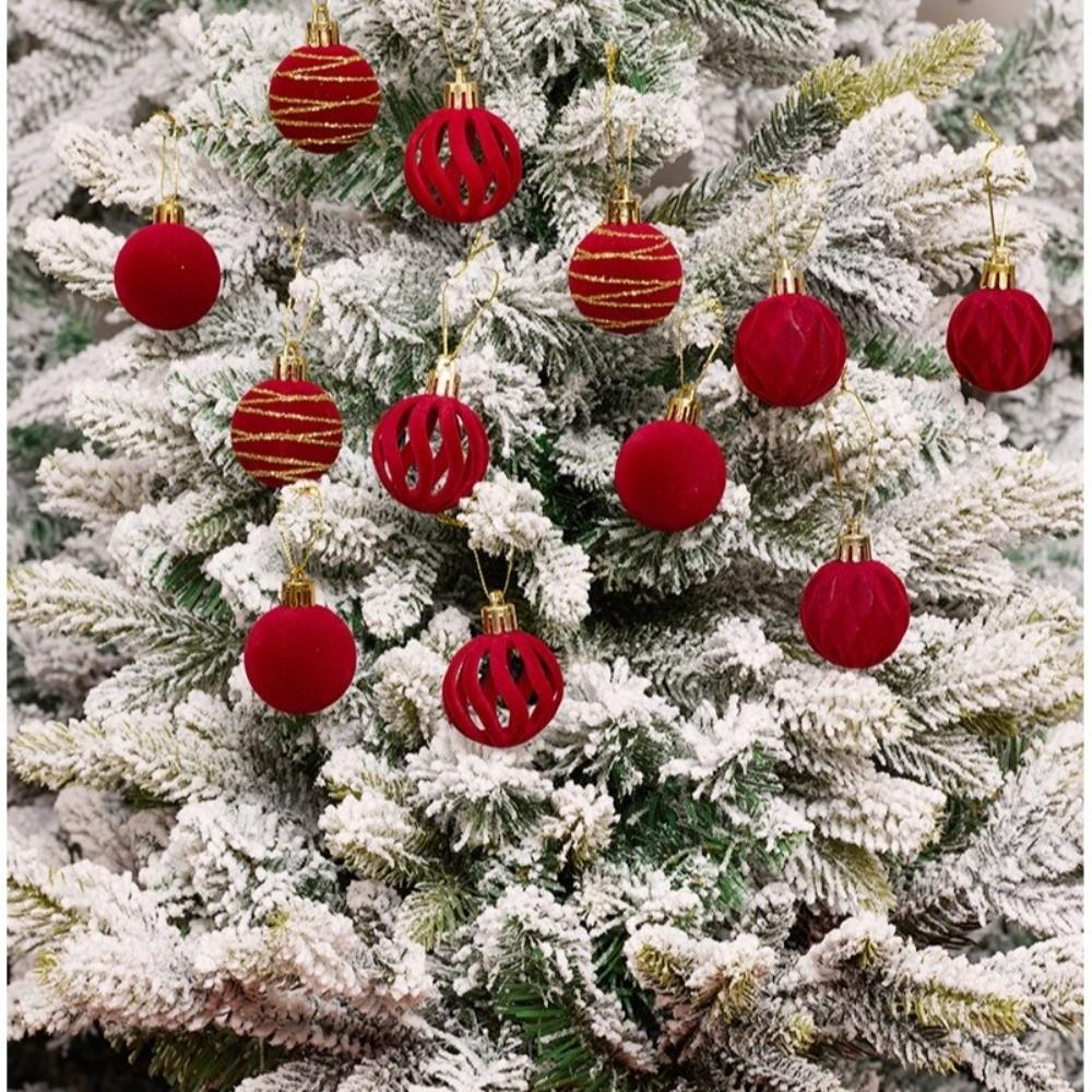 12Pcs/Box Velvet Christmas Hanging Balls 4CM DIY Crafts Painted Christmas Flocked Ball Set Plastic Christmas Tree Ornament