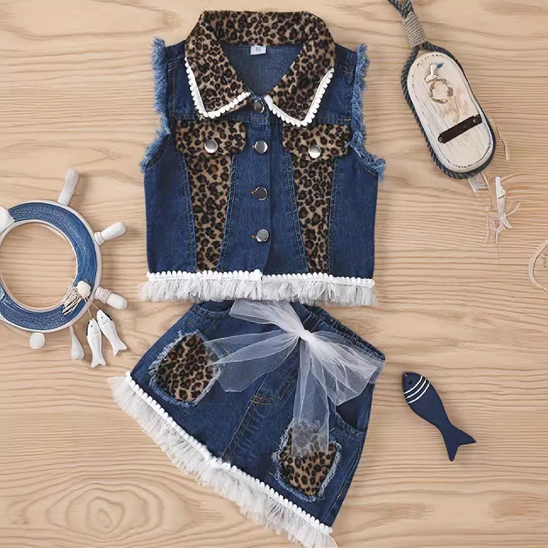 European Girls  Summer Sleeveless Denim & Leopard Print Set 110cm