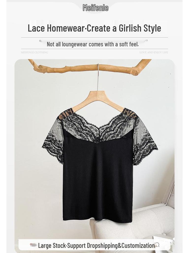 Spring/Summer Women's Short Sleeve Ruffle Lace Pajamas