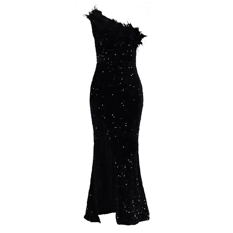 

New Fashion Temperament Slant Neck Banquet High Waist Split Dress Dress Sequin Dress XXXL чорний