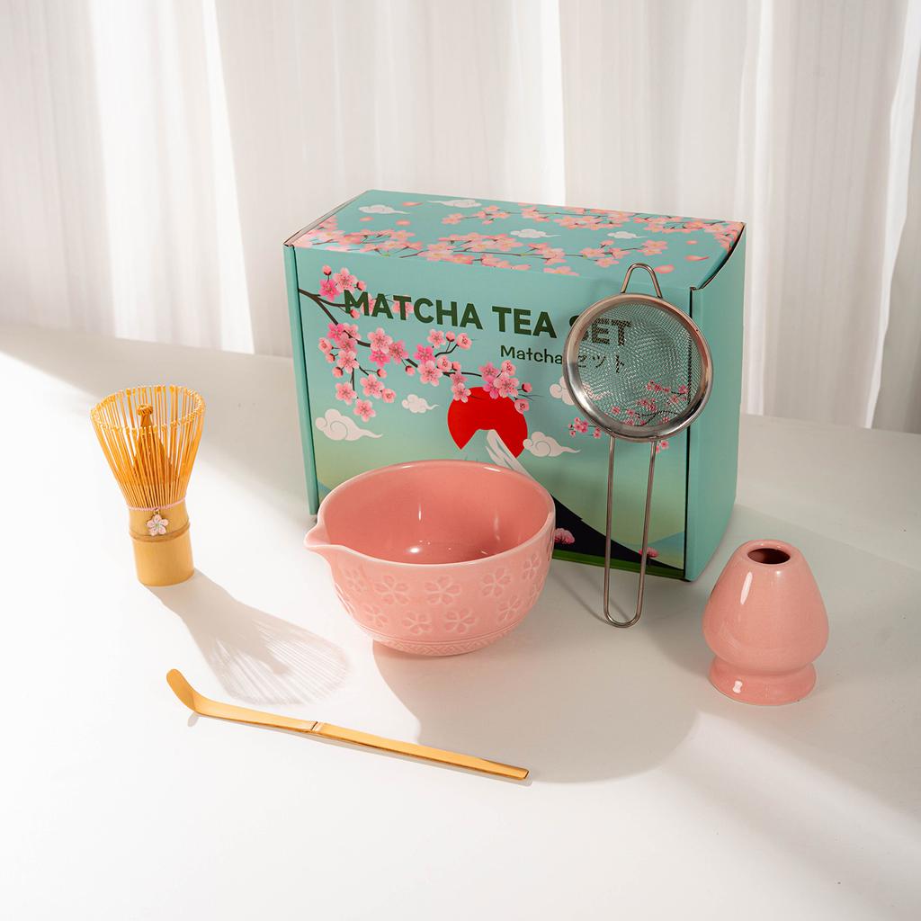 Japanese Matcha Tea Set With Cherry Blossom Pattern, Bamboo Whisk, Ceramic Matcha Bowl, Matcha Making Kit, Tea Utensils Set Gift