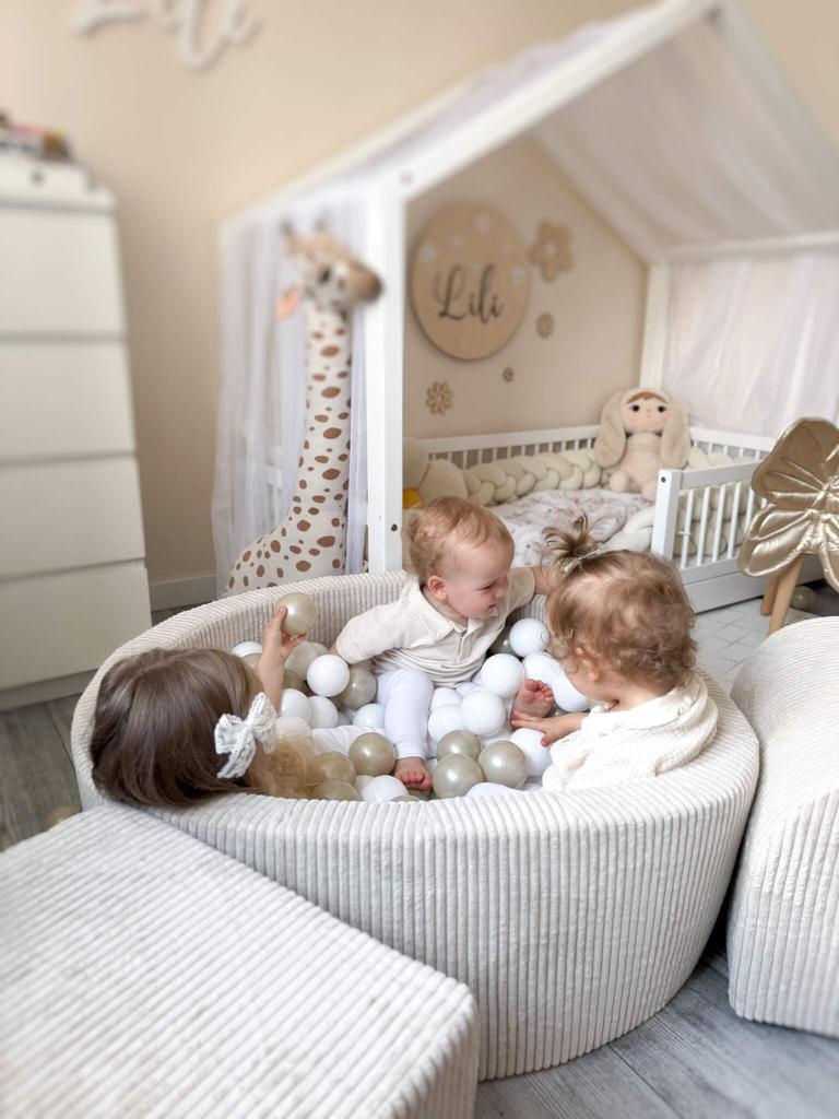 Parco giochi in schiuma con piscina 90x30 Velluto a coste Beige 200 palline: trasparente, bianco, perla, oro chiaro, opalescente
