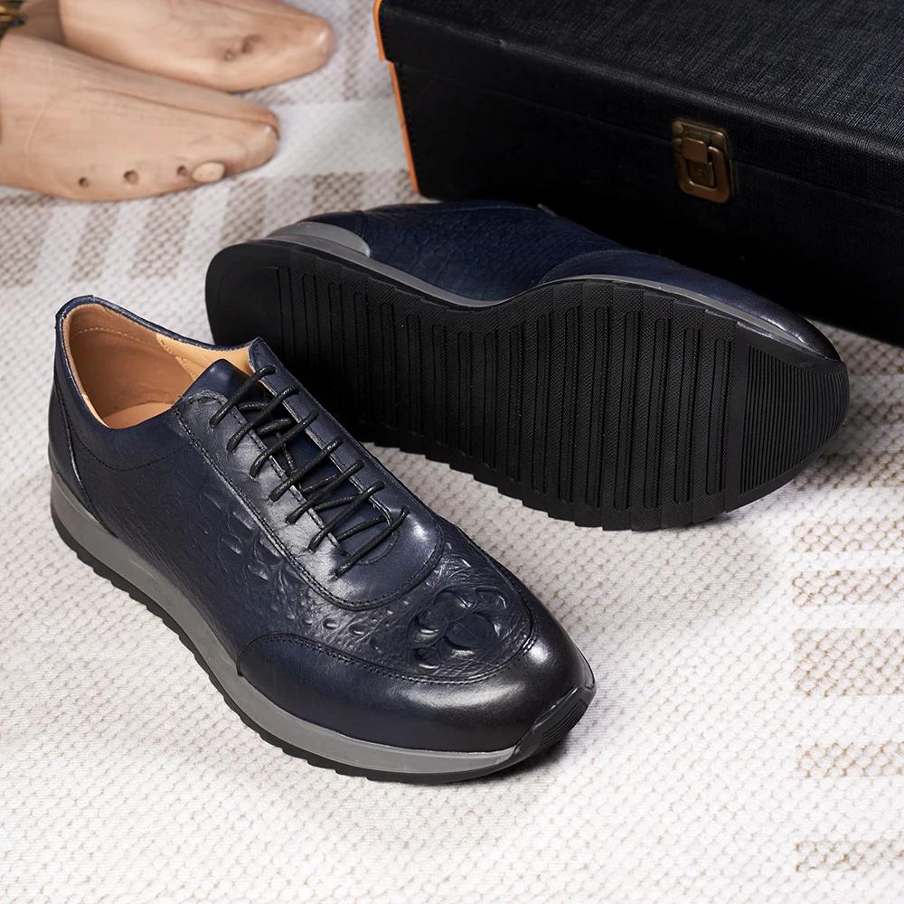Fashion Men's 2024 Genuine Cow Leather Crocodile Pattern Casual Sneakers Lace-Up Flats Classic European Travel Oxford Shoes