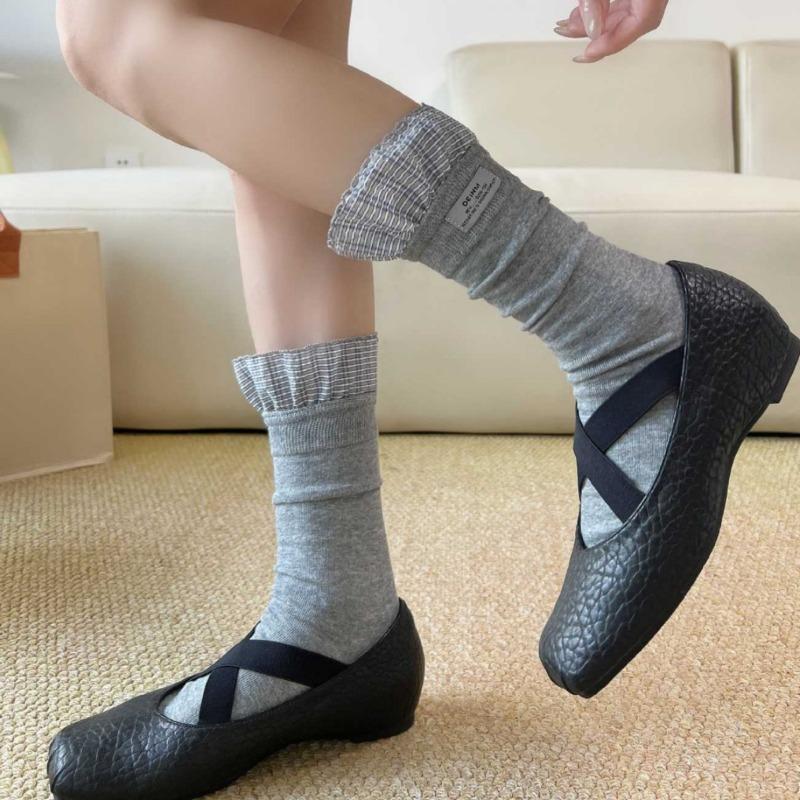 Spring and Summer Women's Cotton Socks with Child-sized Tights, Decorative Edging, Chunky Stripes, Simple Style