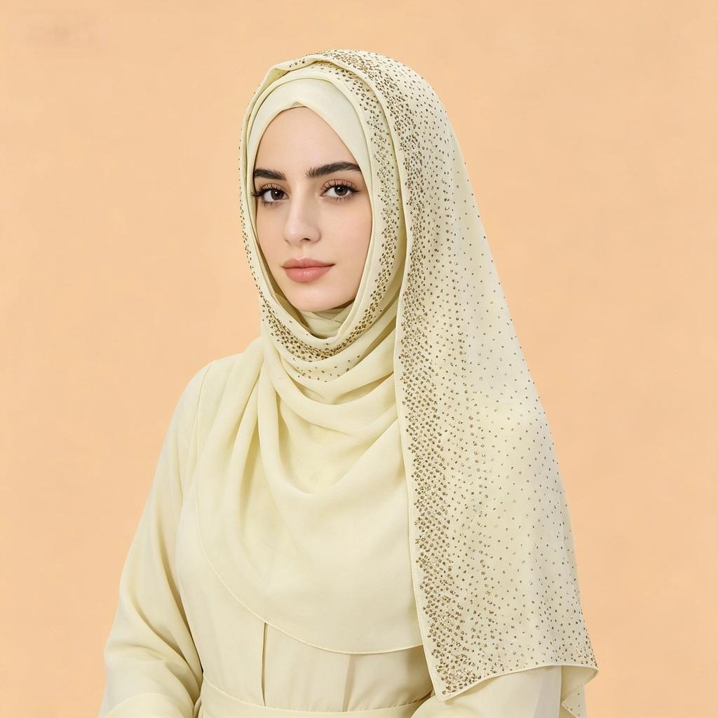 Full Cover Rhinestone Chiffon Scarf Solid Color Breathable Prayer Hijab Crinkle Shawl