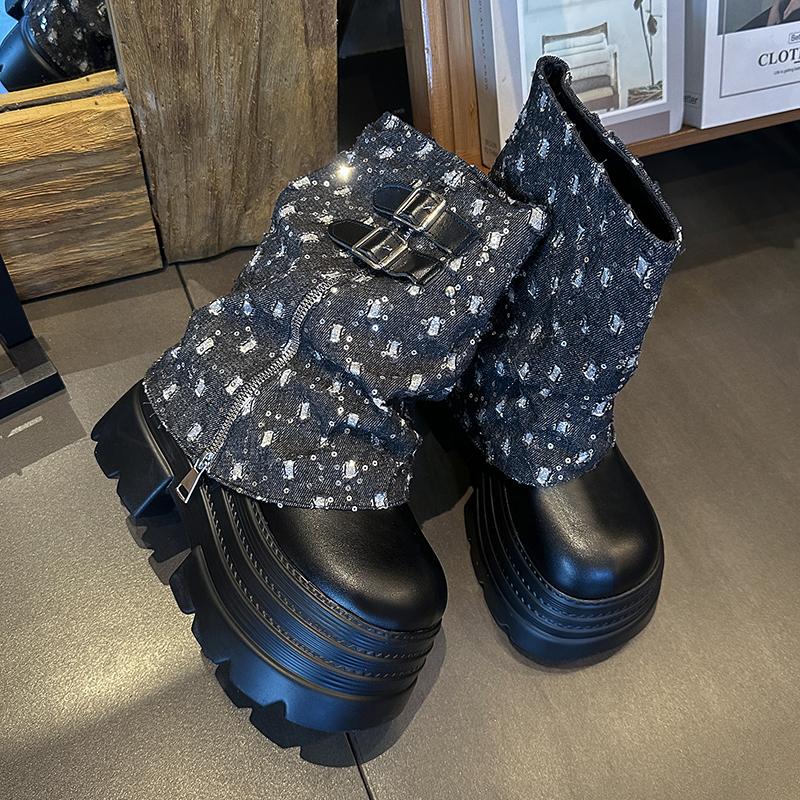 

Fashion Trouser Leg Boots 2025 New High Boots Round Toe Platform Heightened Women 34 чёрный