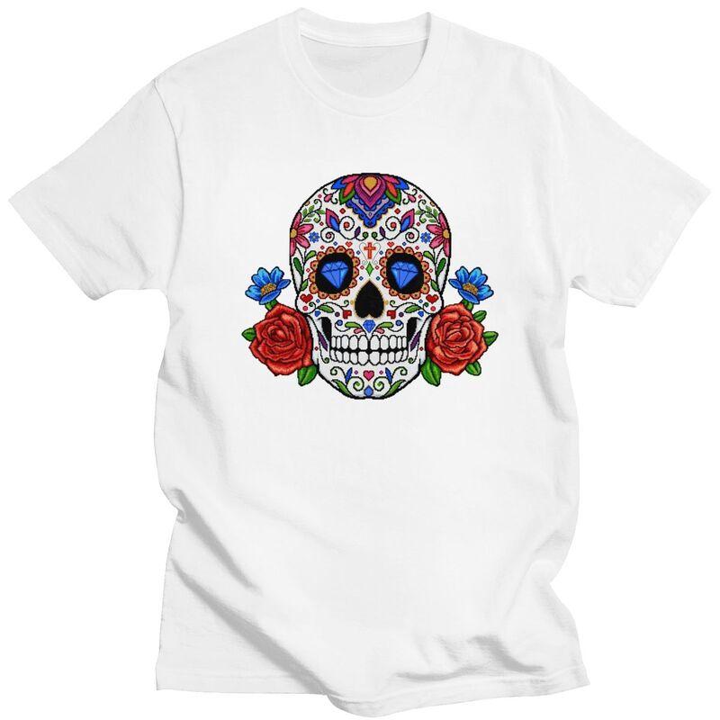 Custom Mexican Flower Rose Skull T Shirt for Men Pure Cotton Tshirt Fashion Tees Tshirt Clothing