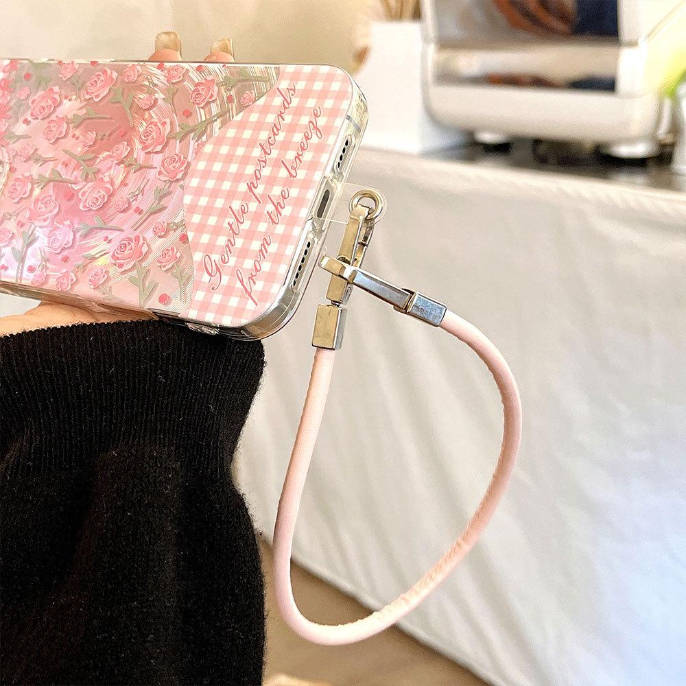Plaid Flowers Suitable for Iphone16 Women's High End Apple 15 Protective Cover 14pro Lanyard 13 Soft Border