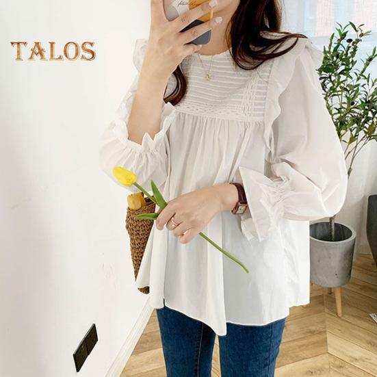 Women Shirt Round Neck Lantern Long Sleeve Pullover Tops Solid Color Loose Fit Ruffle Trim Pleated Blouse Daily Wear