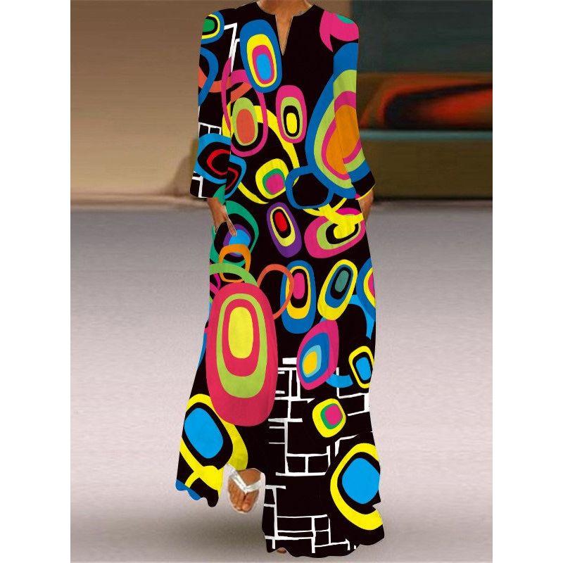 Loose Plus Size Women's Clothing Long Dress New Chinese Style Skirt Elegant Sexy Long Sleeves 3D Print Long Skirt