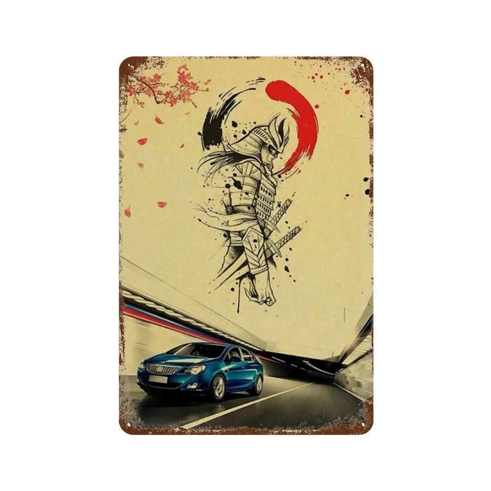 Auto Giapponesi d'Epoca Samurai Poster Latta Metallo Cartello Targhetta Giappone Corse Casa Club Jdm Auto Gtr Anime Luna Decorazione Murale Estetica