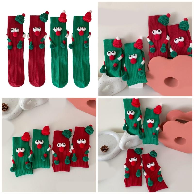 Unisex Couple 3D Santa Hat Dolls Christmas Middle Tube Socks with Magnetic Embellishments for Gifting and Celebrating
