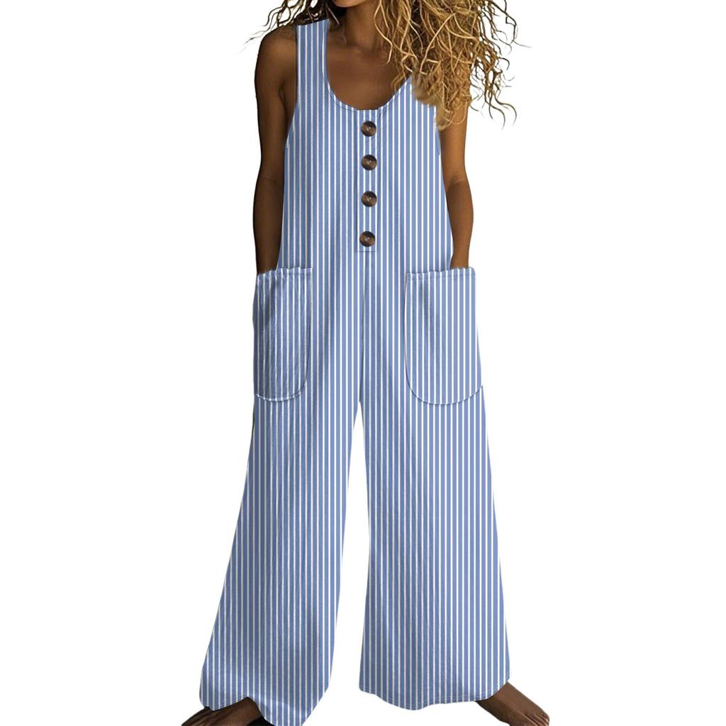 Modischer und lässiger ärmelloser Jumpsuit mit Knopfleiste und gestreiftem und kariertem Print aus Baumwolle mit Taschen für Damen
