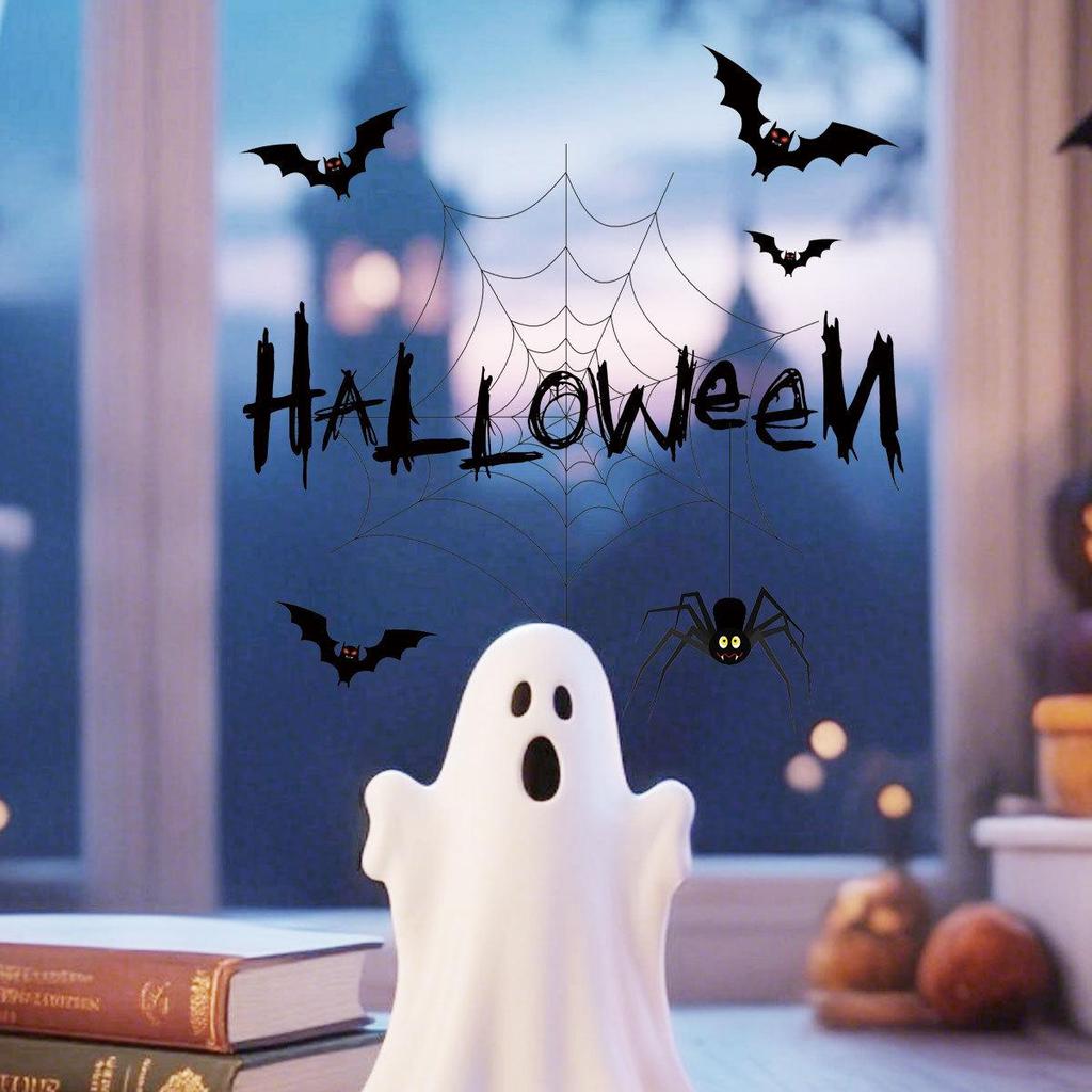 Halloween Removable Static Cling Stickers: Ghost, Spider Web & Bat Decor for Glass