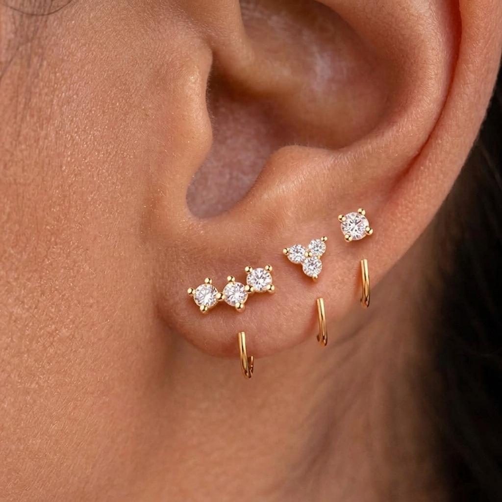 3Pcs Gold Plated C Shape Hook Earrings For Women Crystal Zircon Copper Cartilage Ear Piercing Earring Daily Wear Party Jewelry